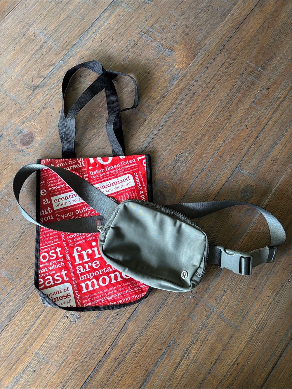 Lululemon Gray Sage 1L Everywhere Belt Bag with small shopping tote